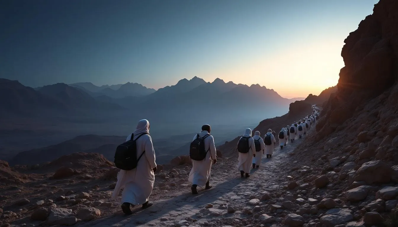 Imagem de peregrinos caminhando em direção ao Monte Sinai ao amanhecer, com a luz suave do sol iluminando a paisagem desértica. O grupo, composto por homens, mulheres e crianças, reflete a jornada da Sagrada Família no Egito, simbolizando a conexão entre fé e a peregrinação na Terra Santa.