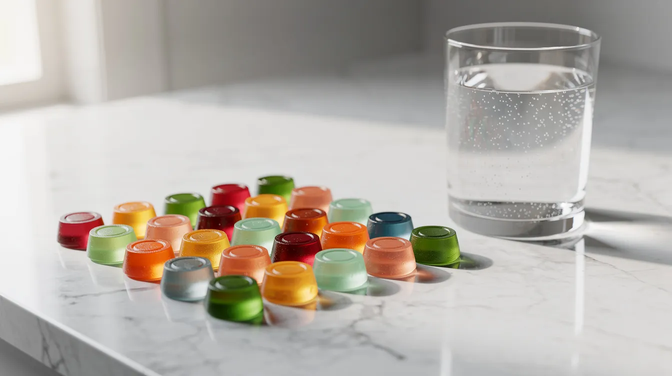 The image features a vibrant assortment of gummy supplements, including functional mushroom gummies, displayed on a sleek marble countertop beside a clear glass of water. These colorful gummies, designed to support cognitive function and mental clarity, are ideal for those seeking natural dietary supplements for brain health and focus.