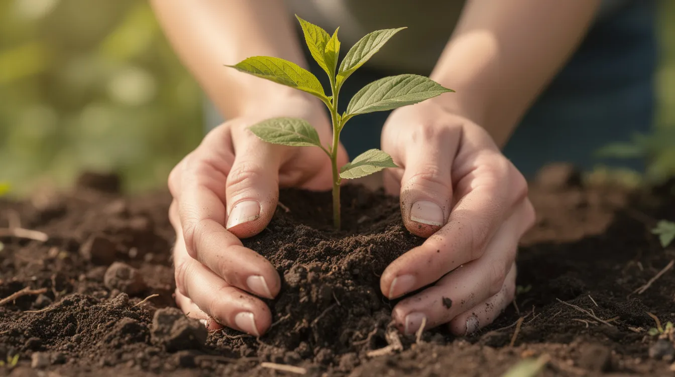 A young tree sapling is being planted in rich soil, with hands gently pressing down around its base, symbolizing the community's commitment to celebrate Earth Month and contribute to a sustainable future. This act of planting reflects efforts to fight climate change and raise awareness about environmental stewardship.