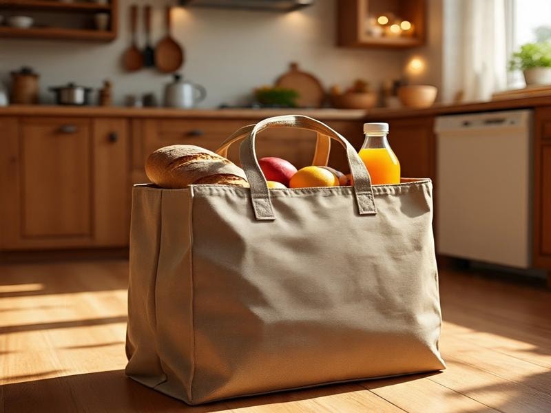 An image showing a cotton reusable grocery bag filled with bread, fruits, and a bottle of orange juice, placed on a wooden kitchen floor in a cozy kitchen setting.