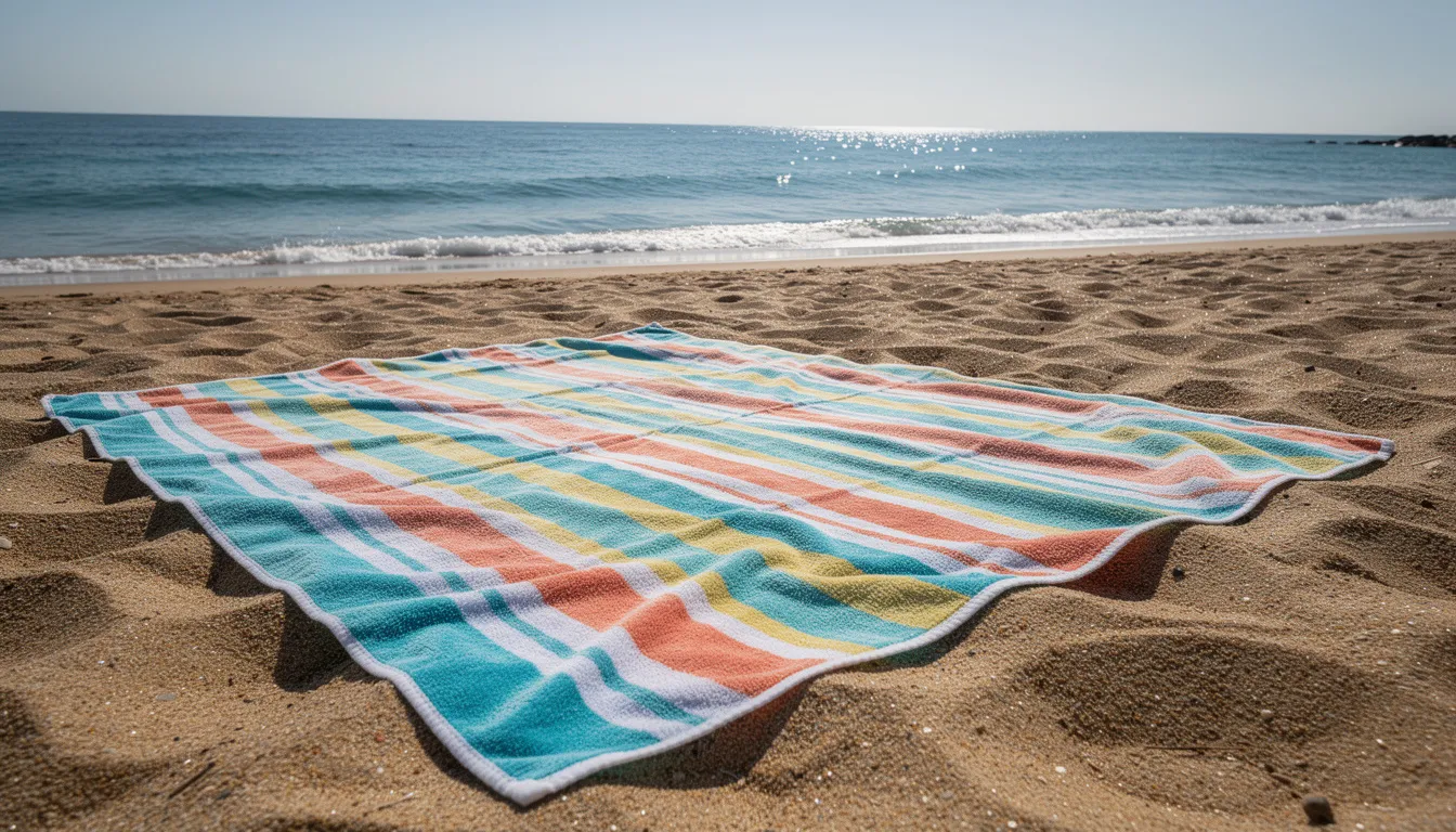 Na piasku leży duży kolorowy ręcznik plażowy, który jest doskonałym pomysłem na praktyczny prezent. Ręcznik wykonany jest z miękkiej bawełny frotte i może być ozdobiony własnym nadrukiem lub haftem, co czyni go idealnym gadżetem reklamowym dla firm.