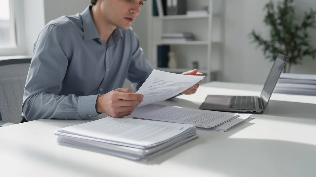 A person is seated at a desk, reviewing various paperwork and documents related to their visa application, with a laptop open in front of them. The scene suggests a focus on preparing for potential permanent residency in America, as they organize important forms and information needed for the process.