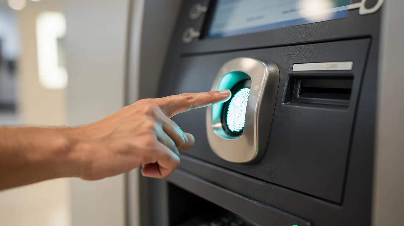 A person is using their finger to activate a biometric fingerprint scanner on an ATM, which is a modern security feature designed to enhance data security and protect against fraudulent transactions. This biometric authentication method ensures secure access for users performing financial transactions at automated teller machines.