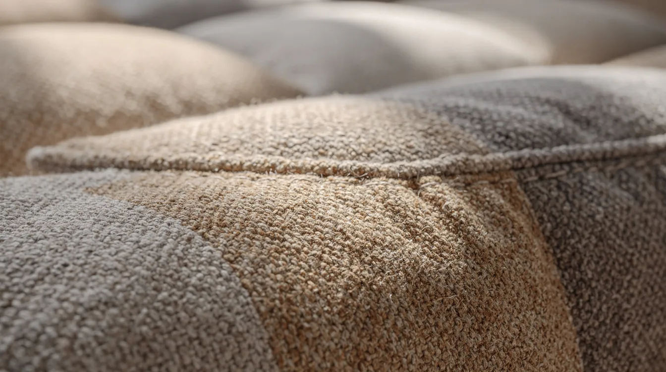 A close-up view of soft fabric sofa cushions in neutral tones, showcasing their plush texture and inviting appearance, perfect for creating a cozy living space. The high-quality materials emphasize the modern style and comfort of this fabric sofa collection.