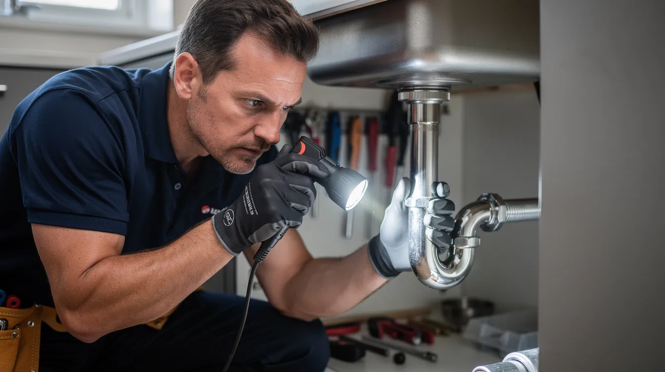 A professional plumber is closely inspecting a residential drain with a flashlight, highlighting the importance of routine maintenance and drain cleaning services. The technician is focused on identifying potential drain problems and ensuring the plumbing system functions efficiently.