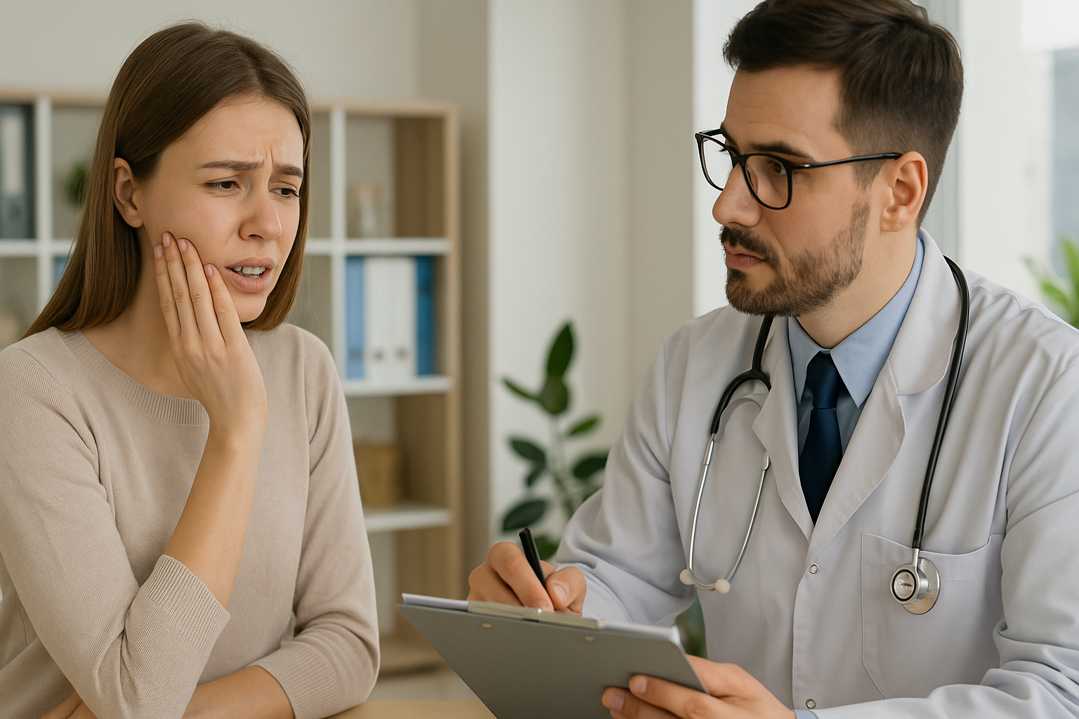 Kvinne med tannverk i samtale med behandler.