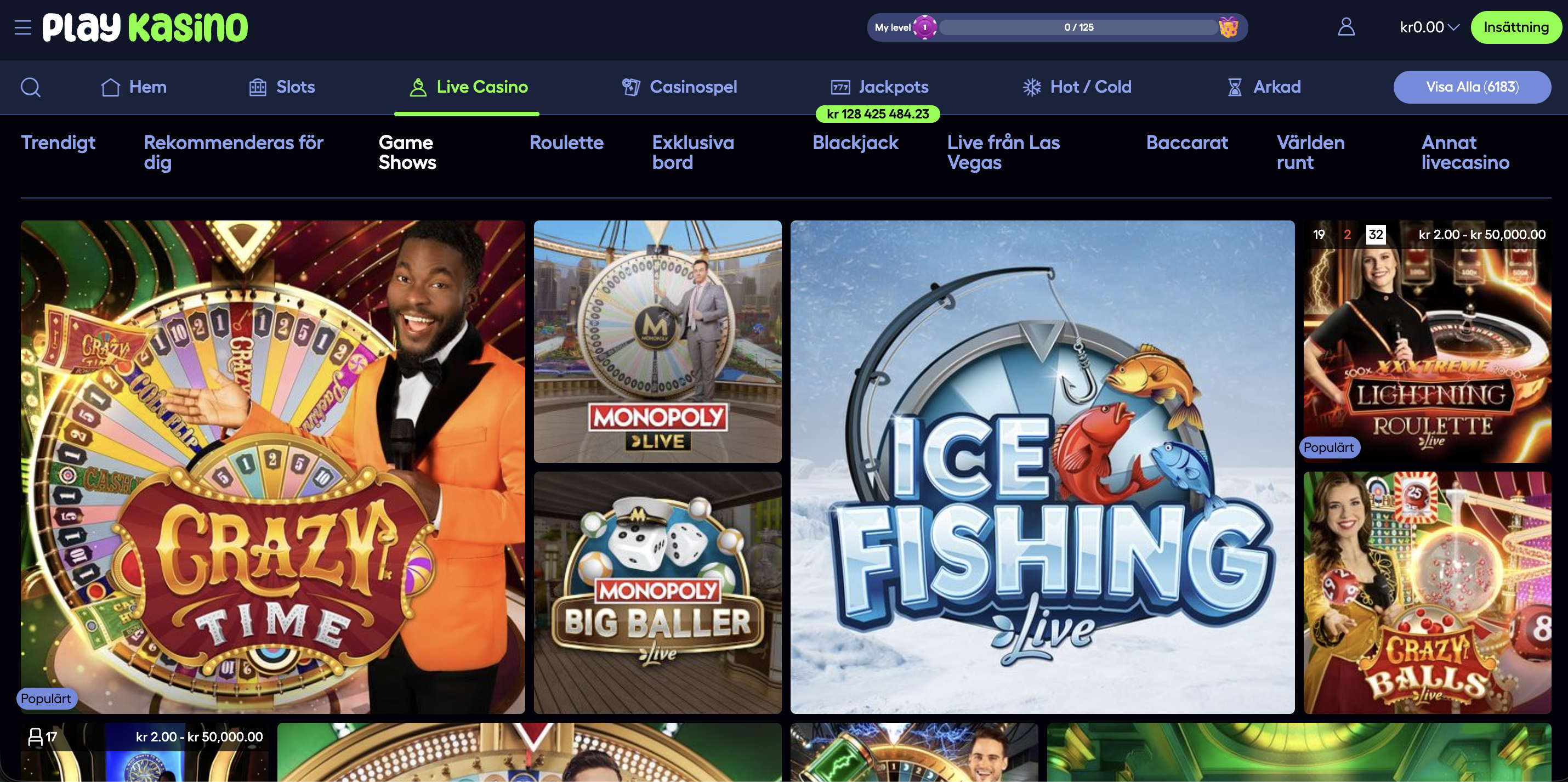 PlayKasino game shows i live casino med Crazy Time och Monopoly Live – PlayKasino recension