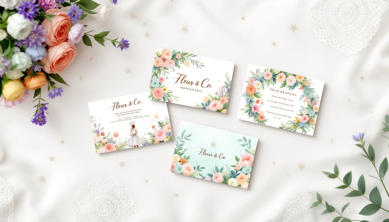 A selection of wedding vendor business cards spread out on a table.