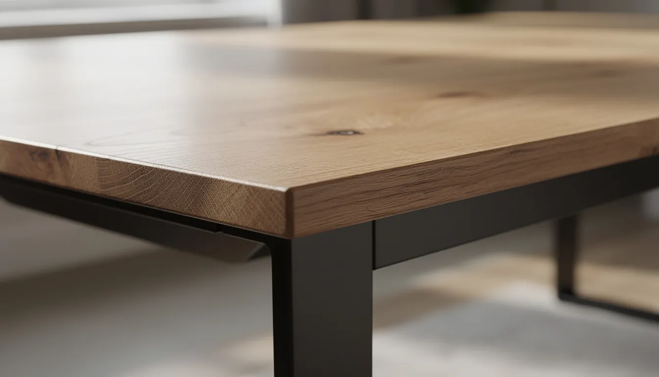 Close-up van een massief eiken tafelblad met een zwart metalen onderstel, dat een landelijke uitstraling en karakter toevoegt aan de eetkamer. De combinatie van natuurlijke materialen geeft een warme en gezellige sfeer, perfect voor een modern landelijk interieur.