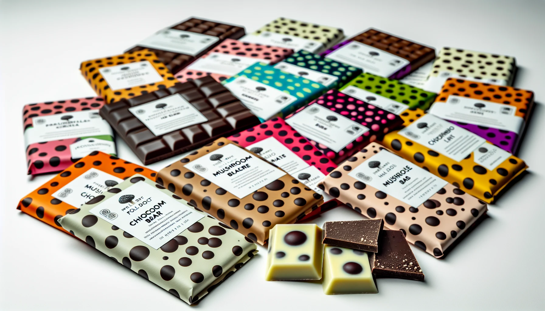 A selection of polka dot mushroom bars with diverse flavors and vibrant packaging
