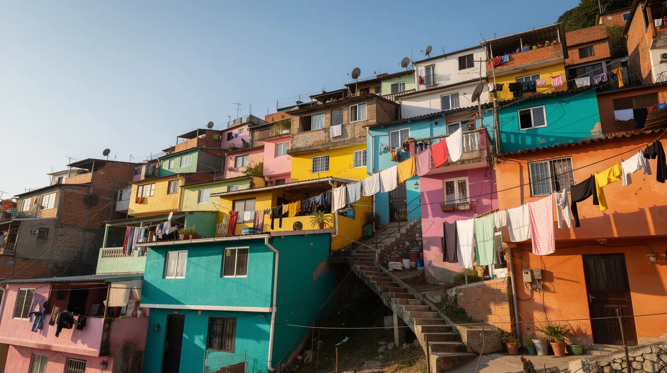 Die bunten Favela-Häuser an einem steilen Hang sind in lebendigen Farben gestrichen und von Sonnenlicht durchflutet, während Wäscheleinen zwischen den Gebäuden gespannt sind. Diese Szenerie spiegelt das lebendige Leben und die Kultur wider, die oft auch in vielen Meisterwerken der Filmgeschichte, wie "City of God", thematisiert werden.