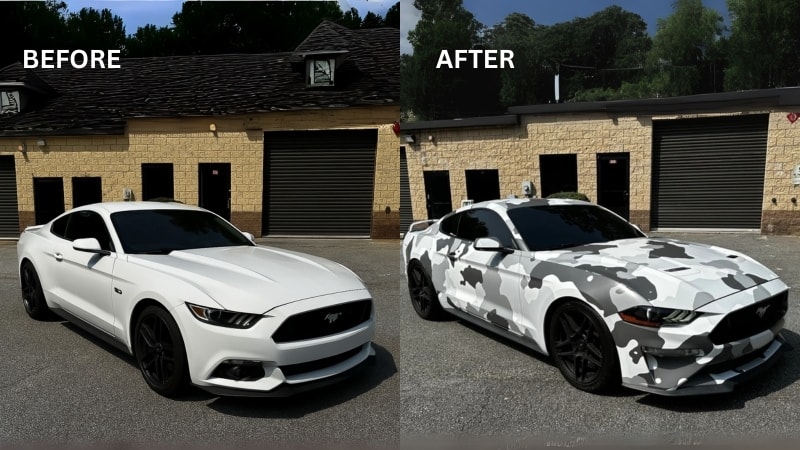 White Mustang car before and after wrapping with cameo vinyl wrap.