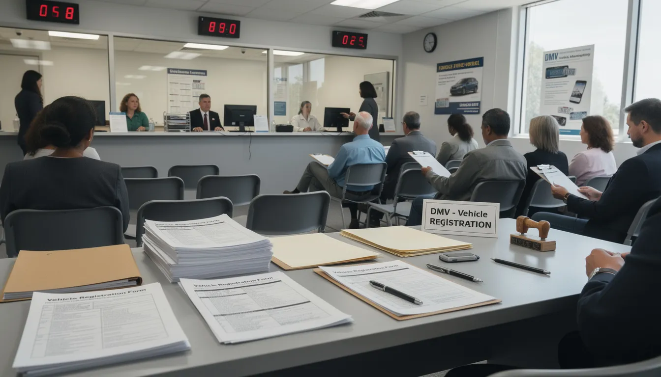 An interior view of a vehicle registration office, featuring a counter with paperwork related to vehicle registration, inspections, and ownership transfer. The scene emphasizes the importance of necessary documents like vehicle history reports and safety inspection forms for buying a car, especially for out of province transactions in Canada.