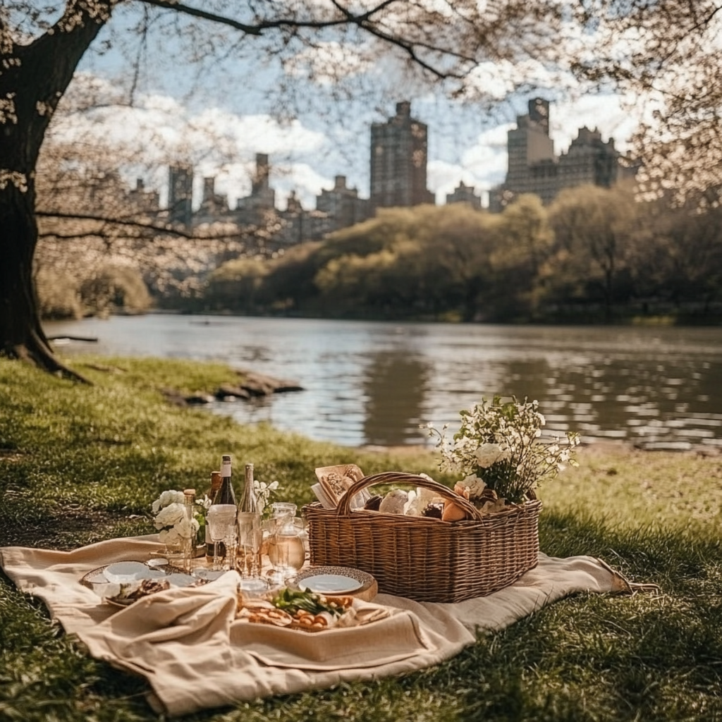 A romantic picnic setup in Central Park, perfect for a unique NYC date idea.