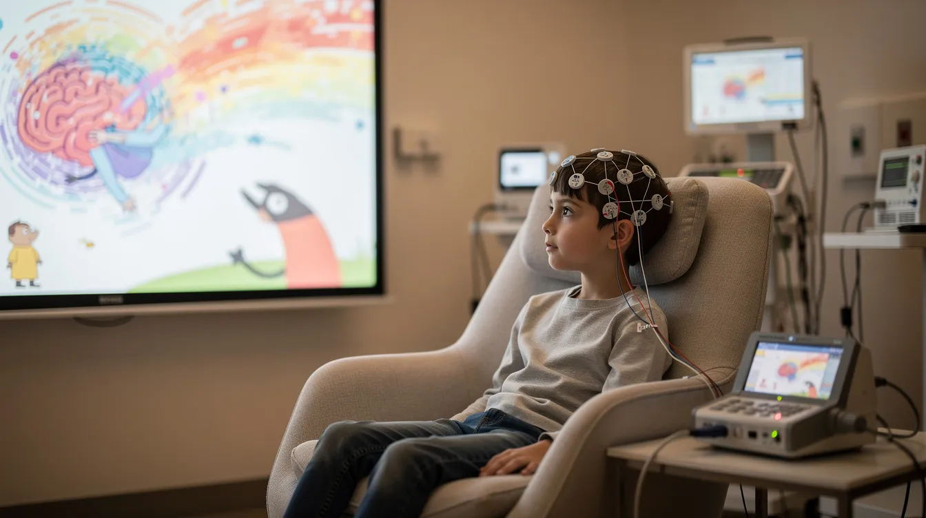 A child is comfortably seated in a chair, intently watching an animated screen while small sensors are attached to their head, indicating a neurofeedback session aimed at enhancing brain function and monitoring brainwave activity. This non-invasive treatment approach may help address various mental health issues, including ADHD symptoms and anxiety disorders, through real-time feedback on brain activity.