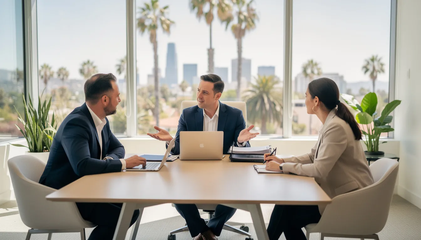 In a modern California office, a professional attorney meets with clients to discuss estate planning, focusing on legal requirements and the importance of creating a complete estate plan to protect their loved one's legacy. The conversation may involve topics like financial and medical decisions, mental capacity, and the probate process, ensuring clients understand their rights and options under California law.