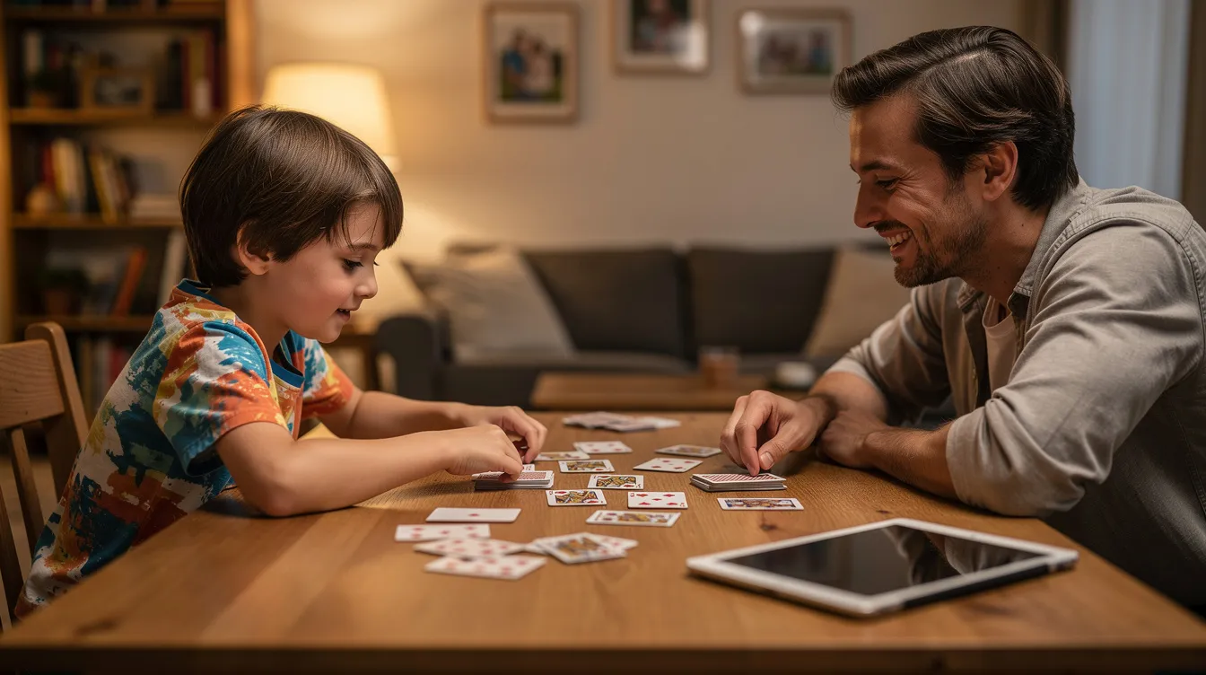 A child is sitting at a table playing a card game with a parent, fostering family bonds during the holiday period, while a switched-off tablet rests nearby, encouraging sustained focus and engagement without distractions. This activity helps develop essential skills and strengthens family relationships, making a big difference in maintaining attention spans during school holidays.