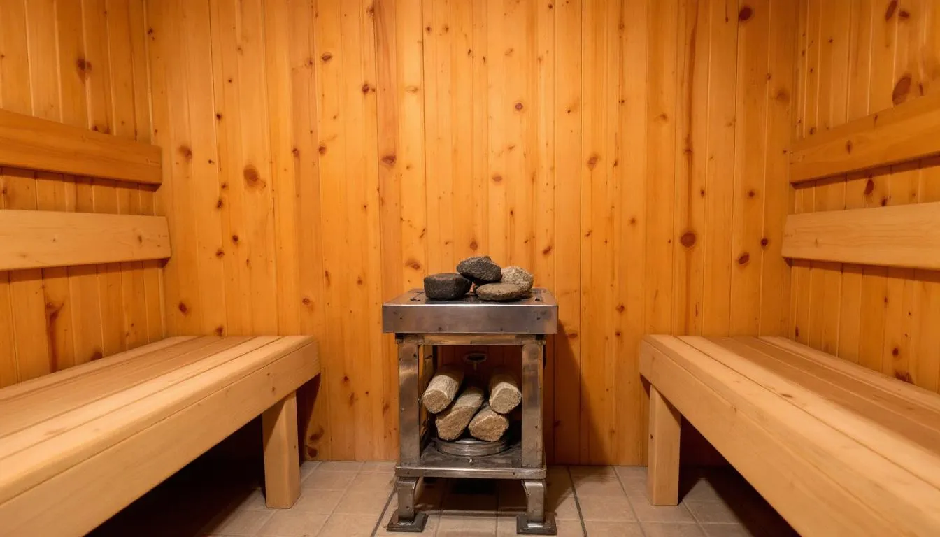 The image depicts a traditional wooden sauna interior featuring bench seating and a classic heater with sauna rocks, creating a warm and inviting atmosphere for sauna bathing. This indoor traditional sauna highlights the health benefits of regular sauna sessions, such as improved circulation and stress relief.