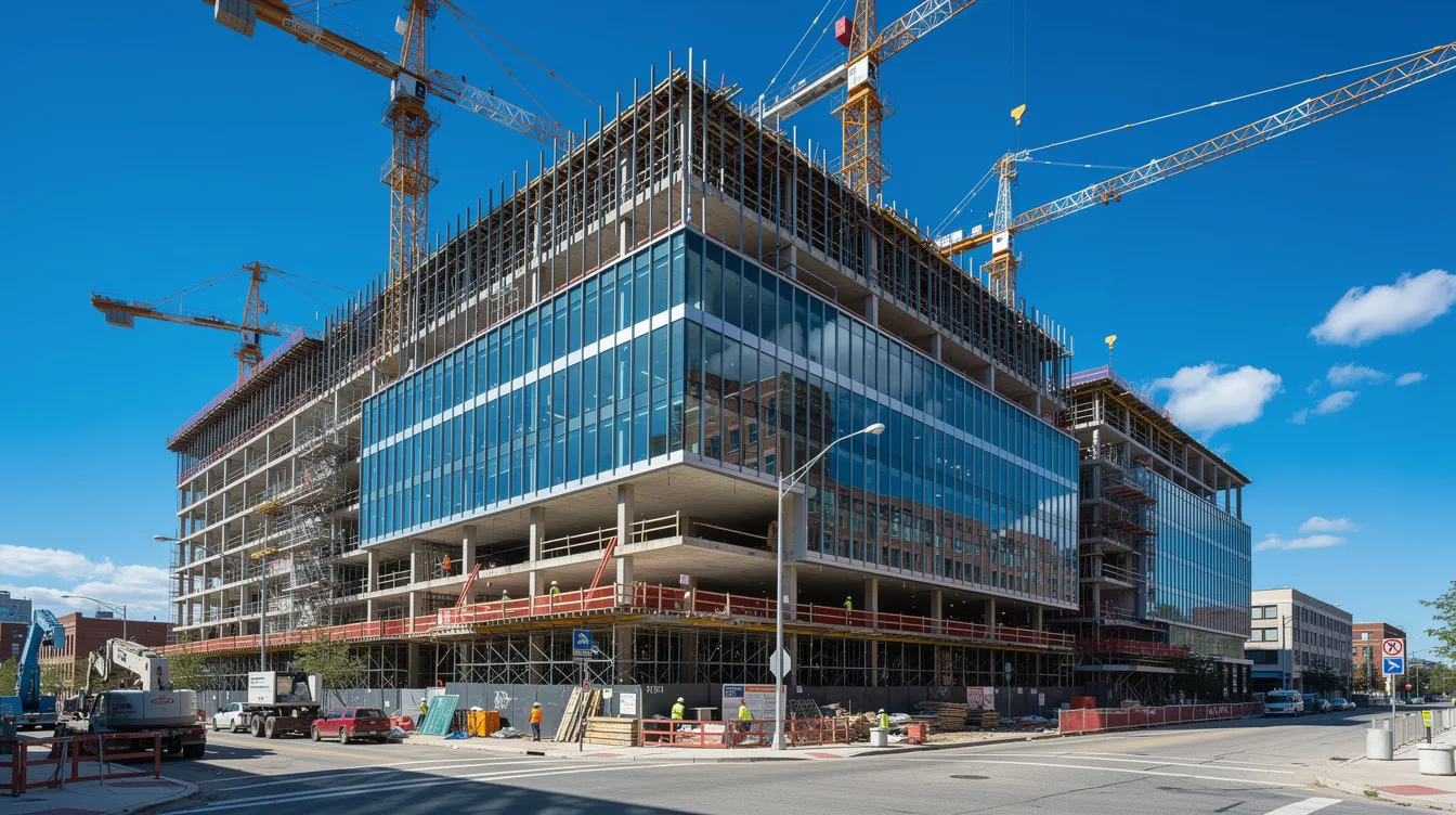 The image depicts a large modern mixed-use commercial building under construction, with cranes towering against a clear blue sky. This scene highlights the dynamic field of engineering and project management, illustrating the innovative solutions and technical expertise required to successfully complete such projects.