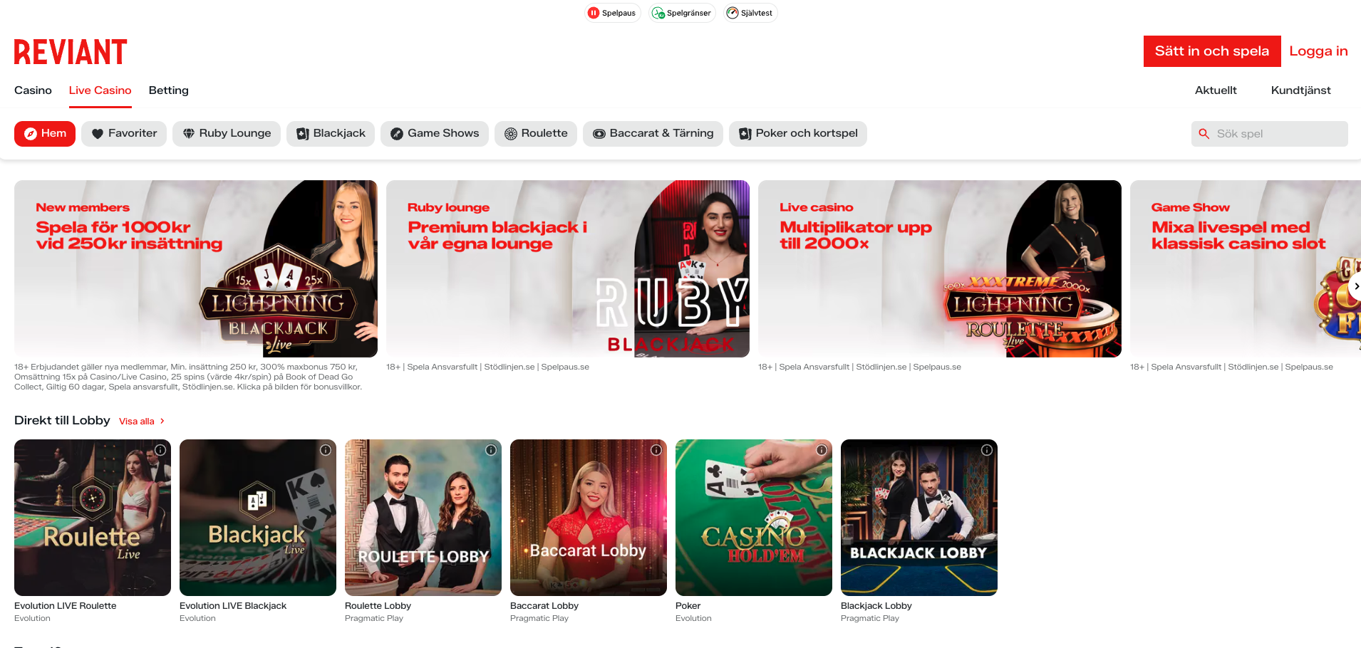 Reviant live casino – online casino med live blackjack, roulette och game shows, svensk licens, bonus och snabba uttag via Swish och Trustly