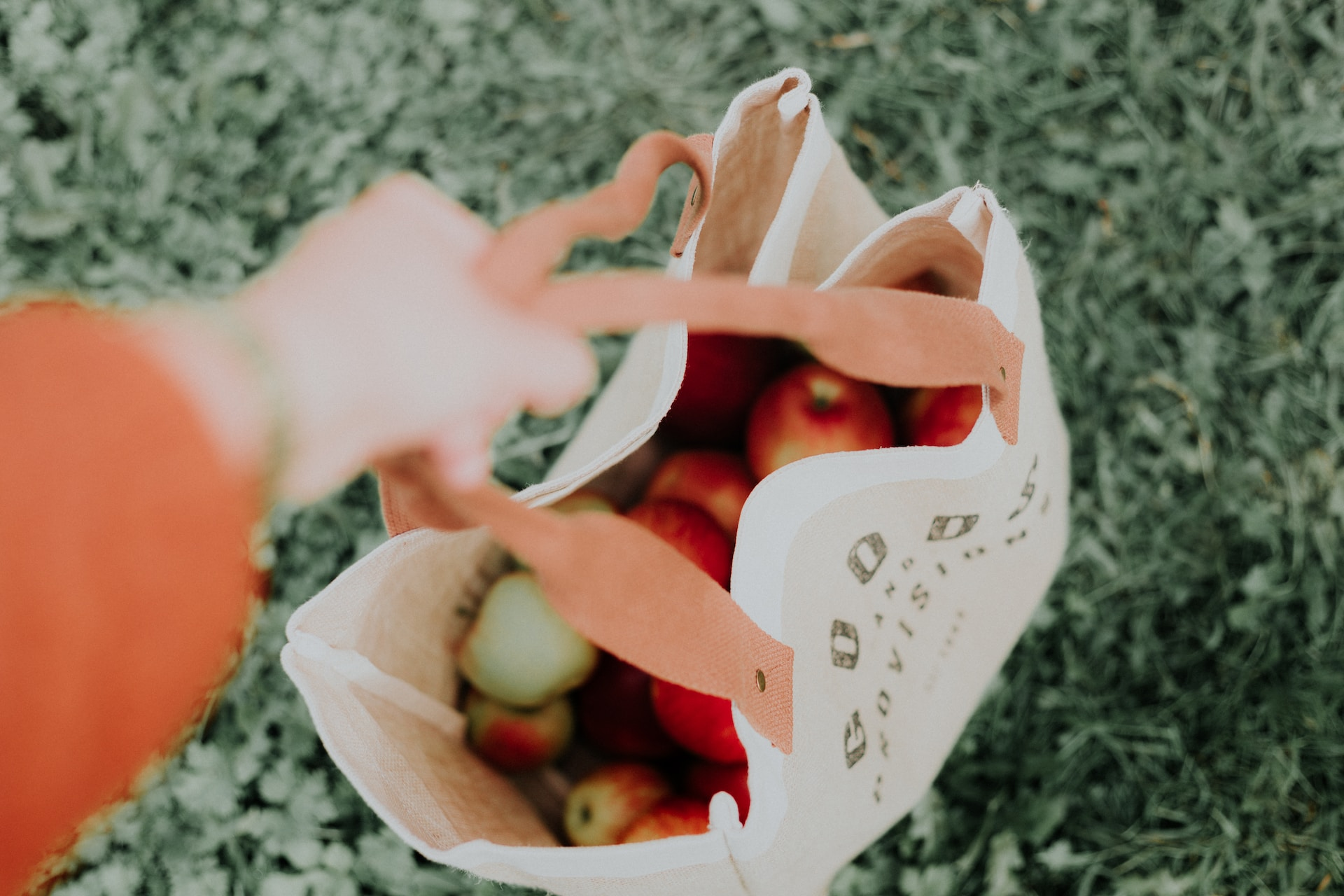 Bovenaanzicht van een linnen tas die gevuld is met appels. Er is een hand zichtbaar die de hendel vasthoudt.