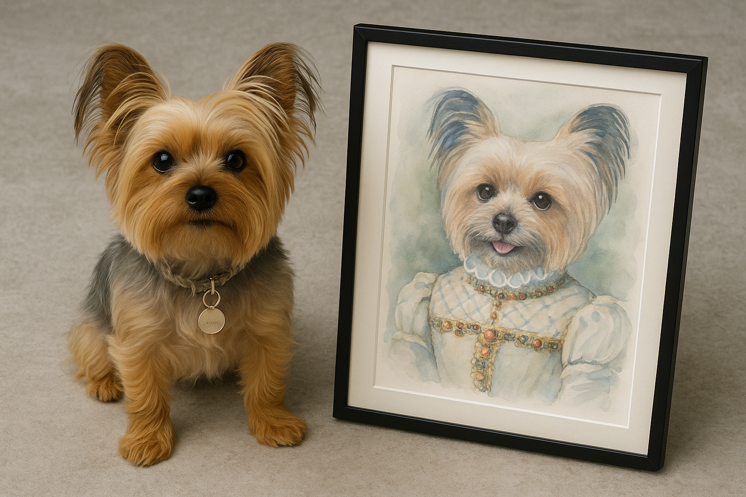 An artist discussing a commissioned dog portrait with a client.