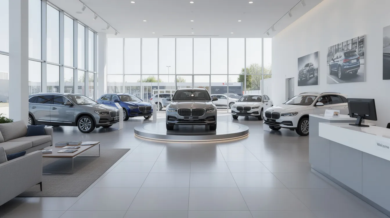 The image depicts the interior of a modern car showroom, showcasing a variety of new vehicles on display, highlighting their sleek designs and advanced safety features like lane assist and blind spot monitoring. This vibrant setting emphasizes the appeal of modern cars, making it an ideal place for potential buyers considering an upgrade or replacement for their current vehicle.