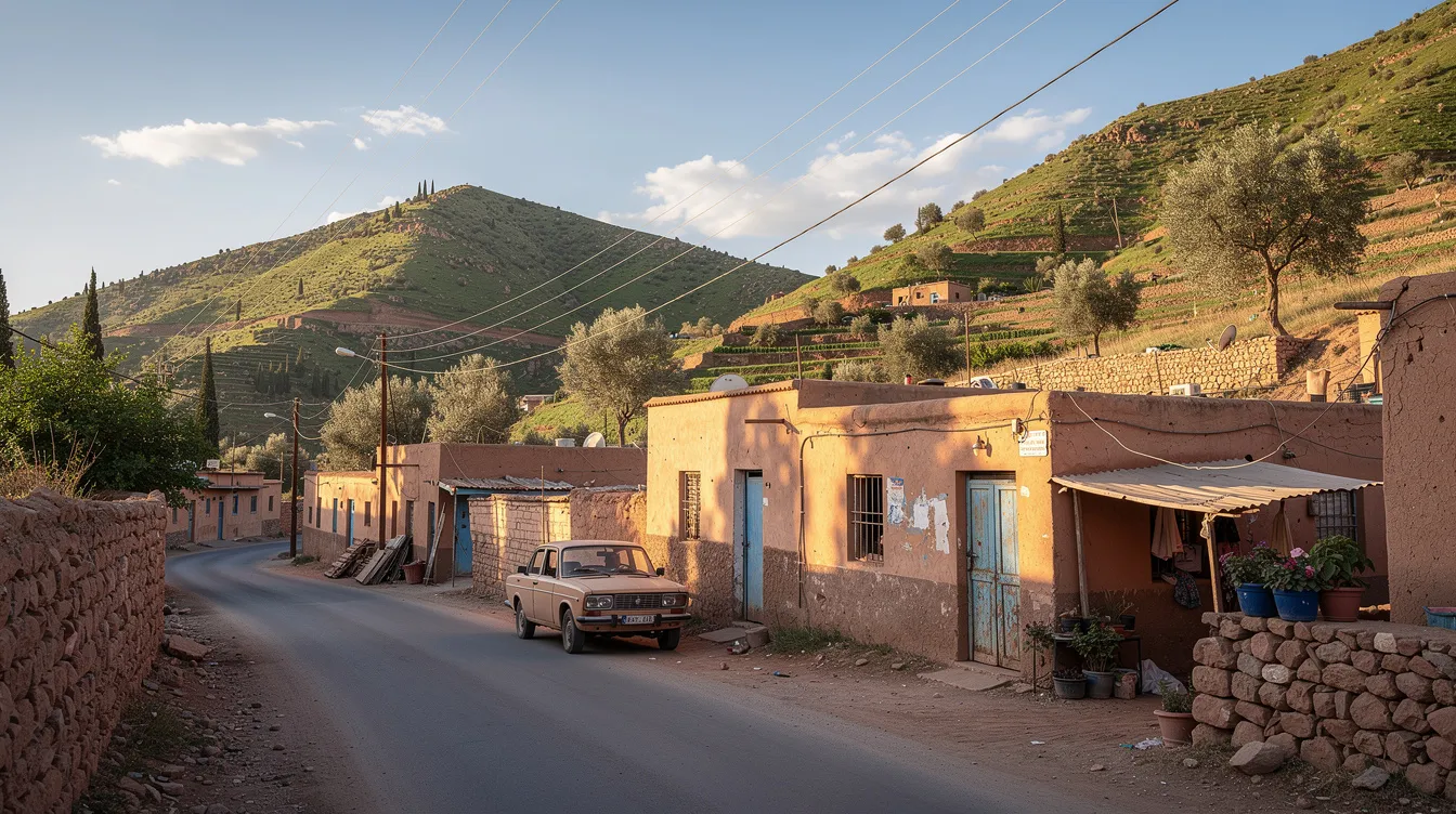 Un village de montagne au bord de la route avec une voiture garée et des collines vertes.