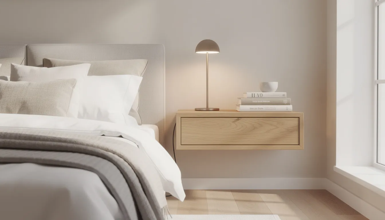 Een stijlvolle slaapkamer met een zwevende houten wandplank als nachtkastje, waarop een designlamp en enkele boeken zijn geplaatst. De wandplank, gemaakt van eikenfineer, voegt een modern accent toe aan de ruimte.