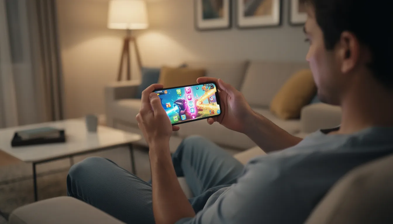 En person sitter i ett bekvämt vardagsrum och håller en smartphone medan hen spelar ett färgglatt spel. Rummet har en avslappnad atmosfär, och spelet på telefonen kan liknas vid en spännande slotsupplevelse med många funktioner och bonusar.