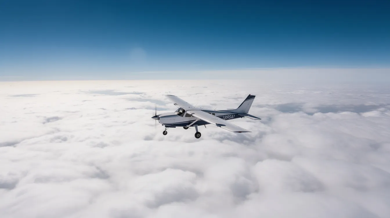 A small single-engine airplane is flying above a dense cloud layer, with a clear blue sky visible above. This scene captures the essence of instrument flight training, where pilots navigate under instrument flight rules (IFR) conditions, emphasizing the importance of cross country flight and navigation systems.