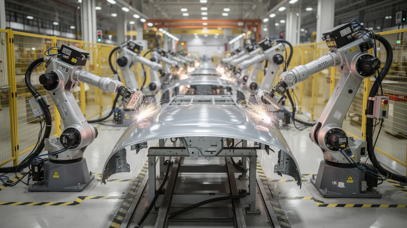The image depicts robotic arms efficiently handling stamped metal panels on an automated production line, showcasing the precision and speed essential in the automotive industry. This process highlights the critical components involved in car manufacturing, ensuring that each part meets strict industry standards for quality and safety.