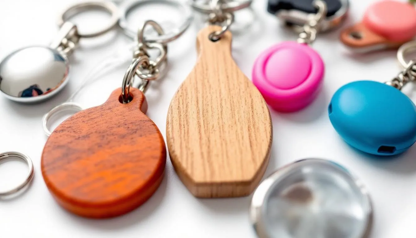 Na zdjęciu przedstawiono różnorodne breloki reklamowe wykonane z różnych materiałów, takich jak metal, plastik, drewno i silikon. Każdy brelok ma unikalny design, a niektóre z nich zawierają logo firmy, co czyni je doskonałym gadżetem promocyjnym.