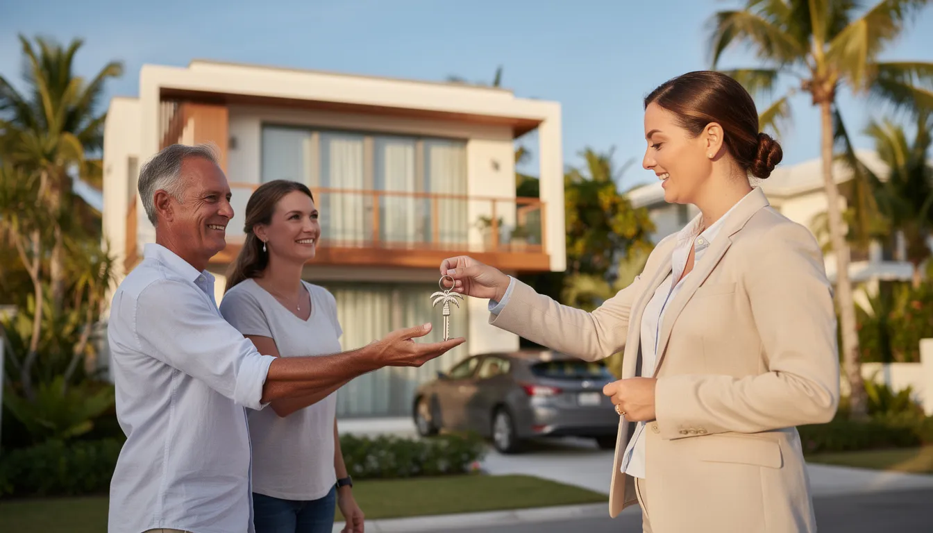 Een professionele makelaar overhandigt met een glimlach de sleutels aan tevreden kopers van een luxe villa in een tropische omgeving, wat hun droomhuis op Curaçao symboliseert. De gelukkige klanten staan naast de makelaar, omringd door weelderige groene planten en een zonnige lucht.