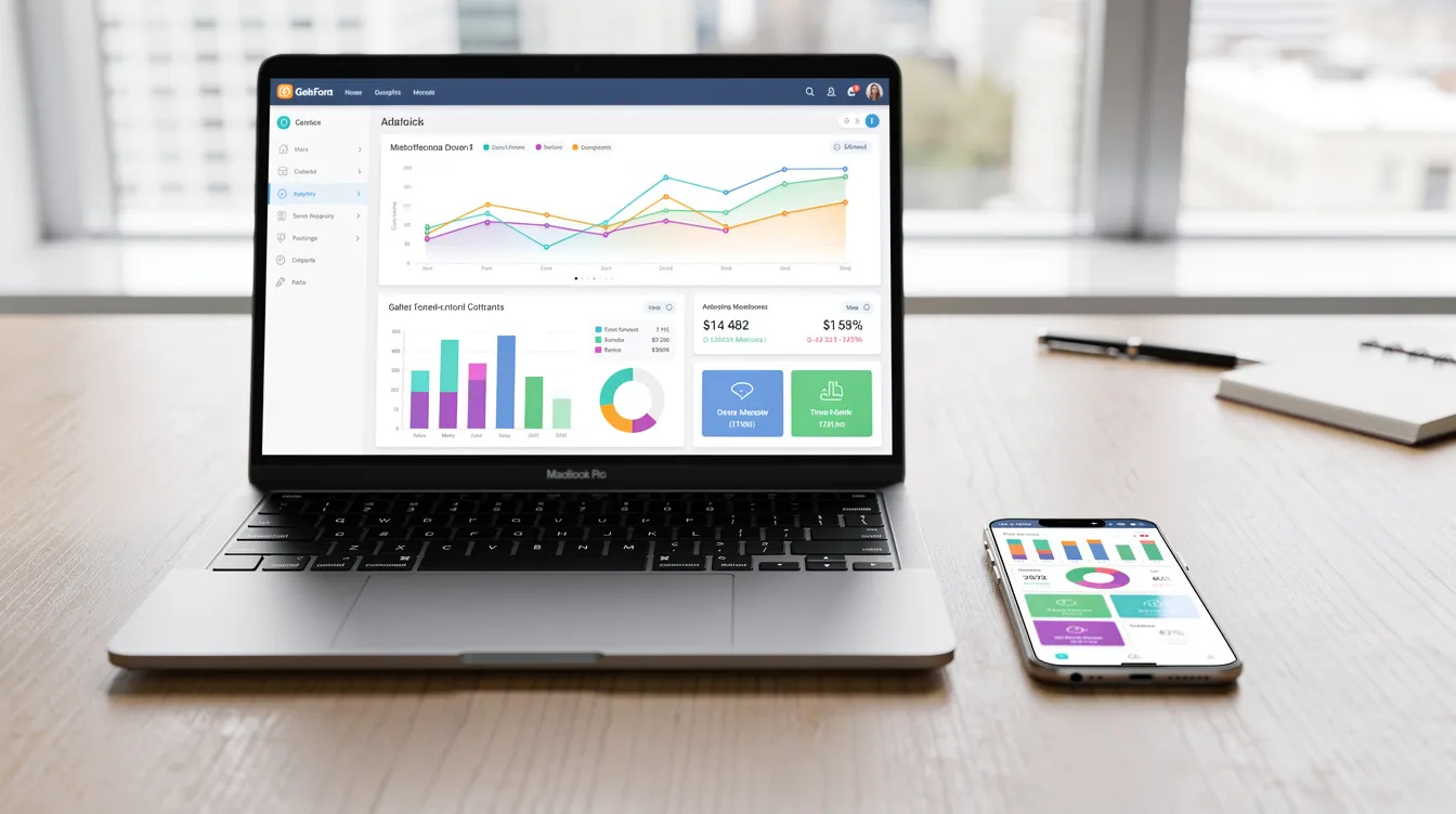 The image features a modern laptop and smartphone placed side by side on a wooden desk, both displaying financial dashboards that include details about bank accounts, personal loans, and savings accounts. This setup suggests a focus on secure banking and efficient money transfer options, ideal for managing finances in today's digital world.