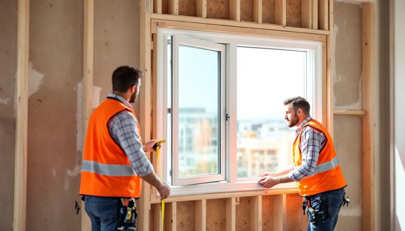 Een professioneel installatie team meet en installeert hoogwaardige aluminium kozijnen in een woning. Ze zorgen voor een correcte plaatsing en uitstekende thermische isolatie, terwijl ze ook overtollig purschuim afsnijden voor een nette afwerking.