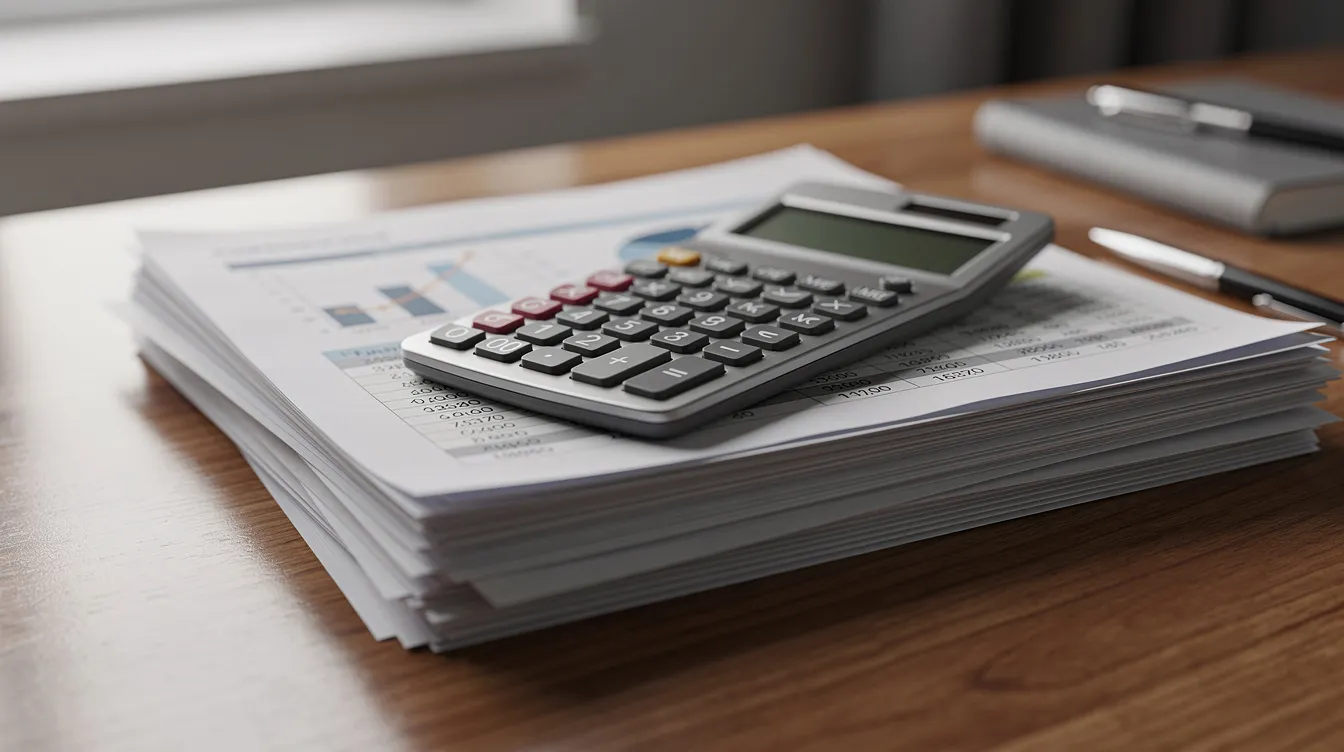 The image depicts a wooden office desk cluttered with stacked financial documents and a calculator, essential tools for analyzing financial statements and preparing for bank loan approval. This setup suggests a focus on financial stability, cash flow analysis, and the preparation of CMA reports for potential business loans.