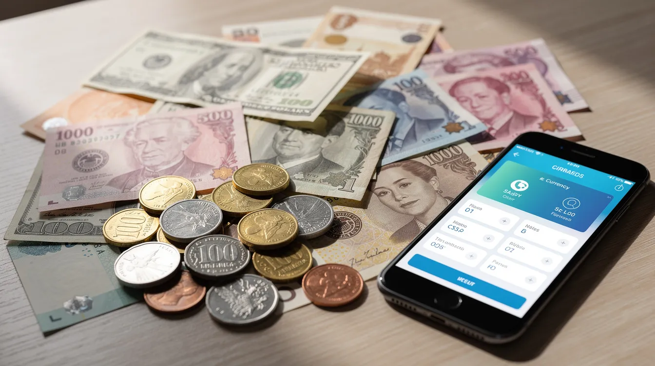 The image features an assortment of international currency bills and coins scattered across a table, accompanied by a smartphone, symbolizing the intersection of traditional banking and digital banking services. This scene reflects the diverse financial tools available for personal accounts and international money transfers in today's comprehensive banking landscape.