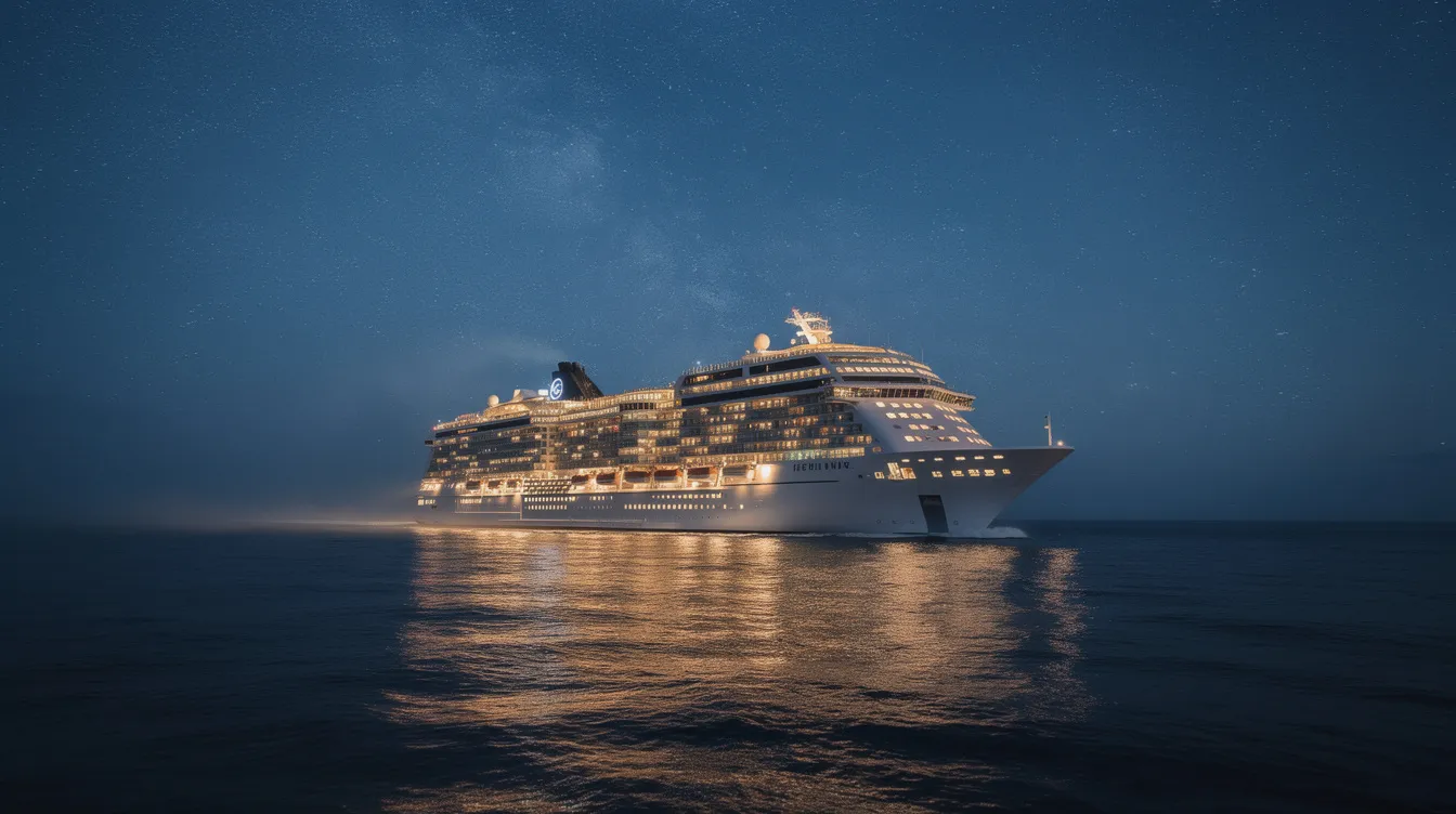 Ein großes Passagierschiff fährt nachts über den offenen Ozean, umgeben von einem sternenklaren Himmel und beleuchtet von zahlreichen Lichtern. Diese Szene erinnert an die beeindruckenden Filmproduktionen, die zu den teuersten Filmen aller Zeiten gehören, wie "Avatar" und "Pirates of the Caribbean".