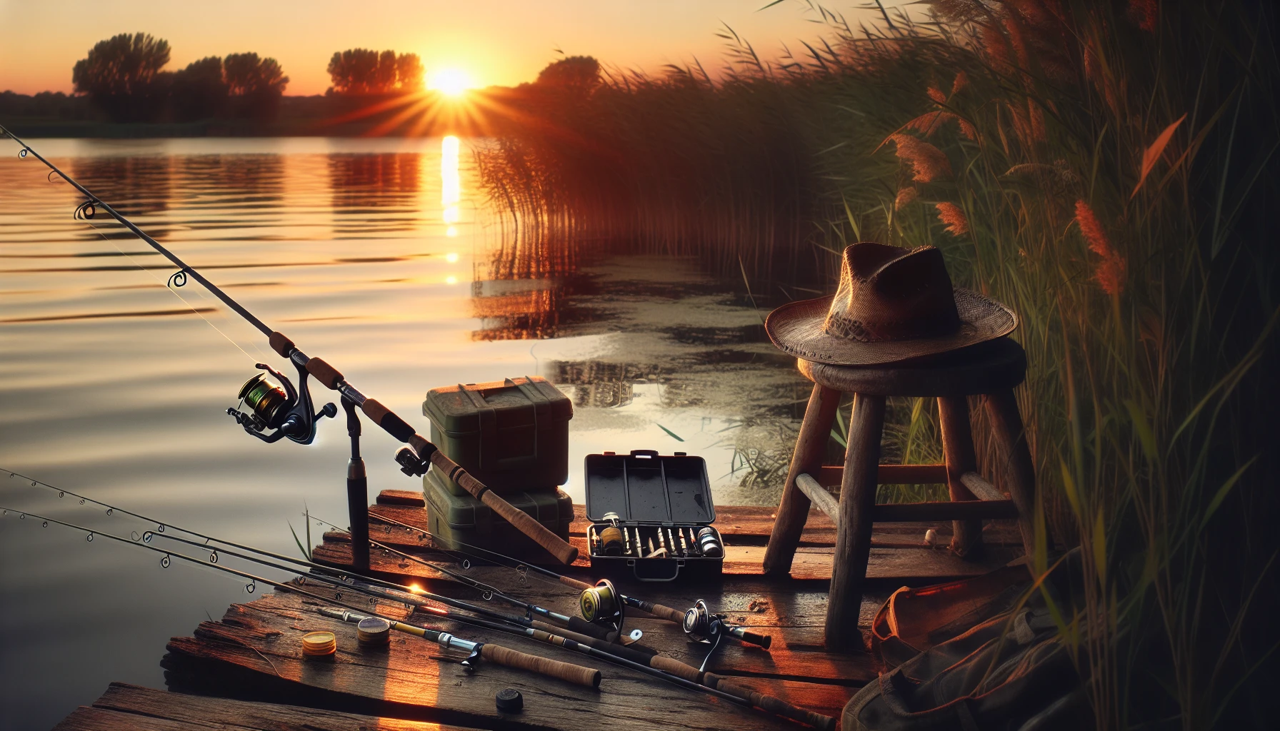 Fishing gear on a wooden dockby the shoreline, surrounded by vegetation and sunset.