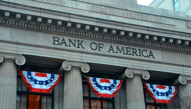 Photograph of Bank of America buildings with flags draped from the top