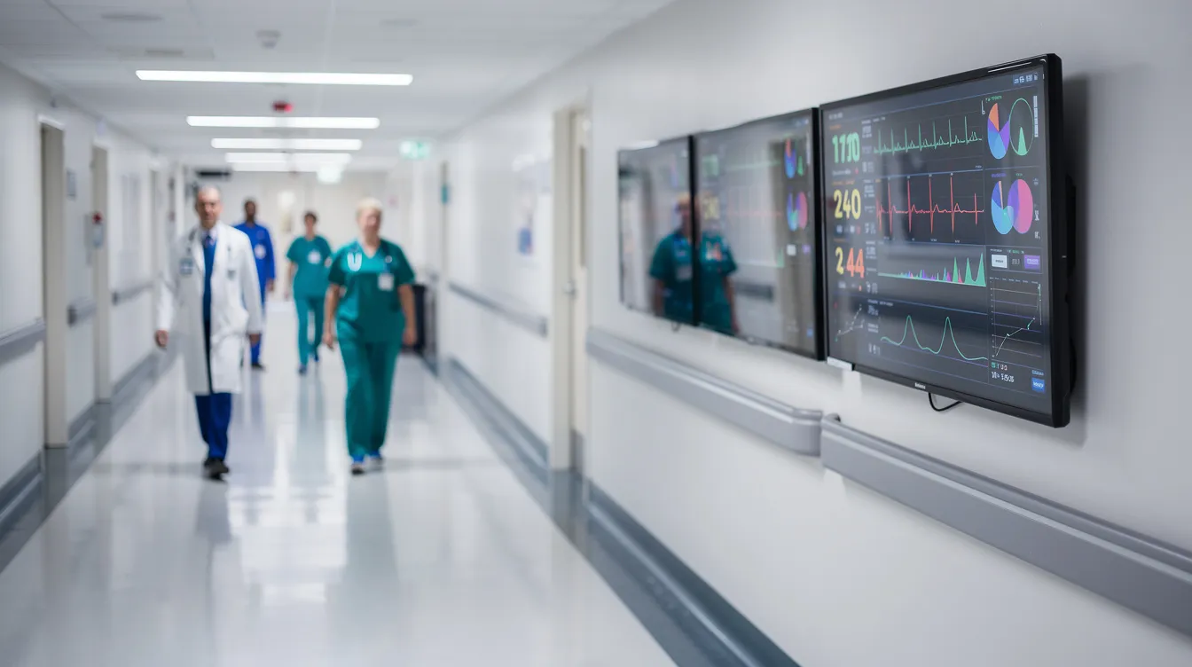 The image depicts a hospital hallway bustling with medical professionals as they walk past digital monitoring screens displaying vital health data. This environment highlights the integration of advanced analytics and data management in healthcare, showcasing the importance of accurate data for informed decision-making.