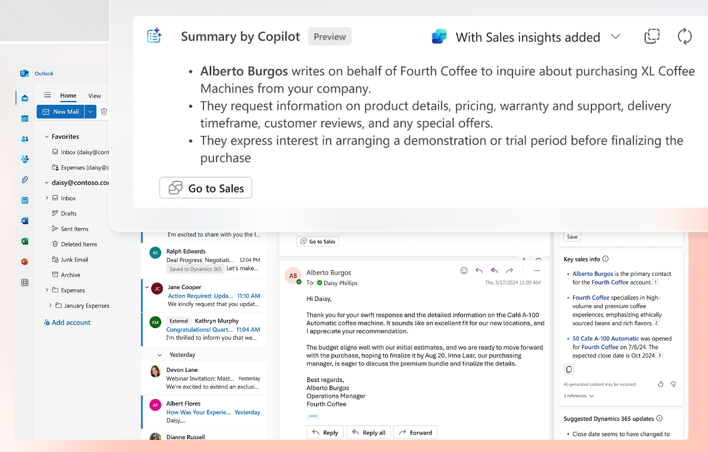 An example from Microsoft Copilot Generative AI for sales: email generation and summaries.