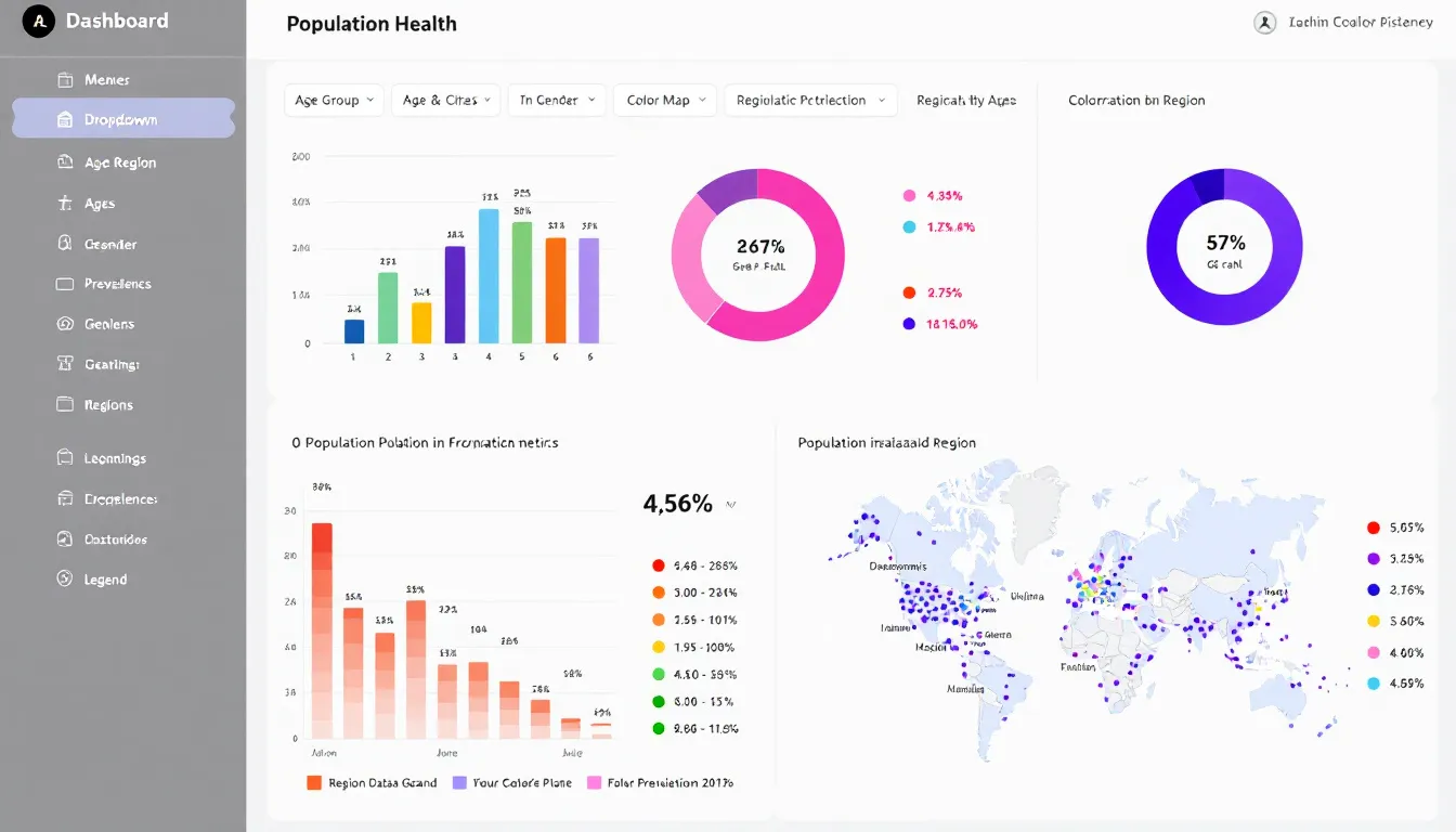 The image depicts a data visualization dashboard showcasing various population health metrics, highlighting differences across demographics and geographic regions. This dashboard utilizes clinical data from electronic health records to provide valuable insights for healthcare organizations and professionals in their efforts to improve patient outcomes and support quality improvement initiatives.