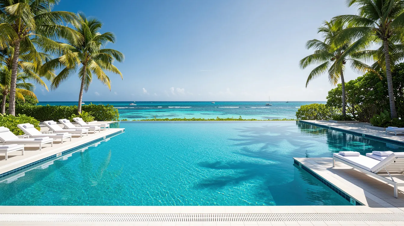 Imagem de uma piscina de resort tropical em Curaçao, cercada por espreguiçadeiras e palmeiras, com uma deslumbrante vista para o mar caribenho de águas azul turquesa ao fundo. Este cenário paradisíaco é ideal para férias relaxantes em um dos destinos mais encantadores do Caribe.