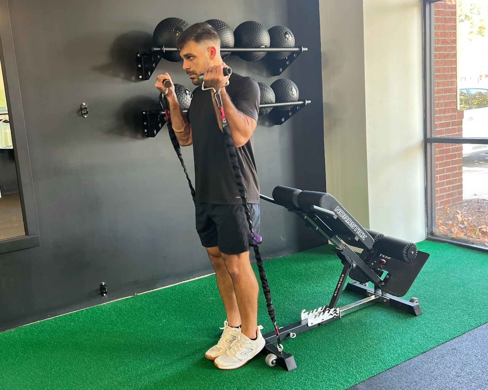 Pair this exercise with a bench press and you should be good on the shoulder width grip side of your workout. With the NordBench Band System, you will feel the burn and pump on your upper arms and build muscle right at home.