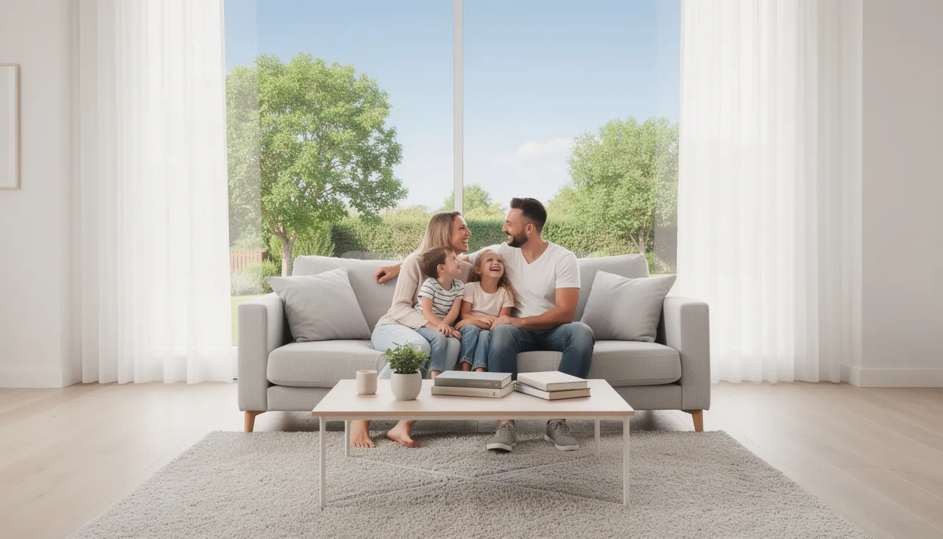 A happy family is relaxing in a bright, clean living room filled with natural light from large windows, showcasing a pristine living space. The atmosphere reflects the benefits of professional home cleaning services, creating a comfortable and inviting environment.