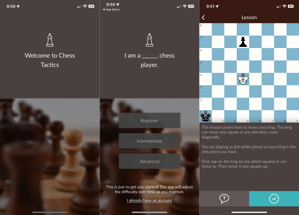 "Chess Tactics and Lessons" app screenshots