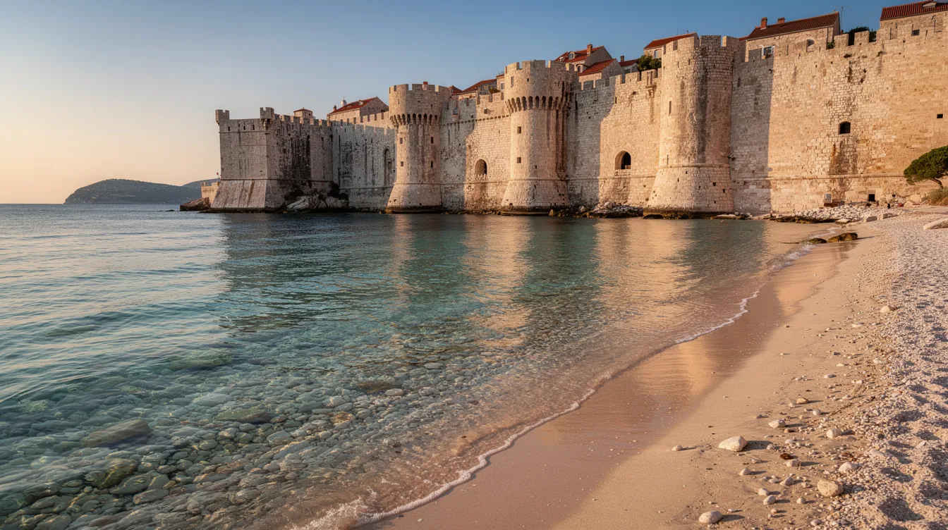 A imagem mostra uma praia de águas cristalinas do Adriático, com antigas muralhas de uma cidade ao fundo, criando um cenário deslumbrante que destaca a beleza da Croácia. O sol brilha intensamente, refletindo na água e proporcionando um ambiente perfeito para uma viagem em família.
