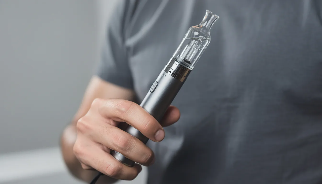 A person is holding a portable vaporizer that is connected to a small glass water pipe adapter, showcasing the convenience of on-the-go dabbing. The setup allows for smooth hits and efficient vapor production, ideal for consuming cannabis concentrates.